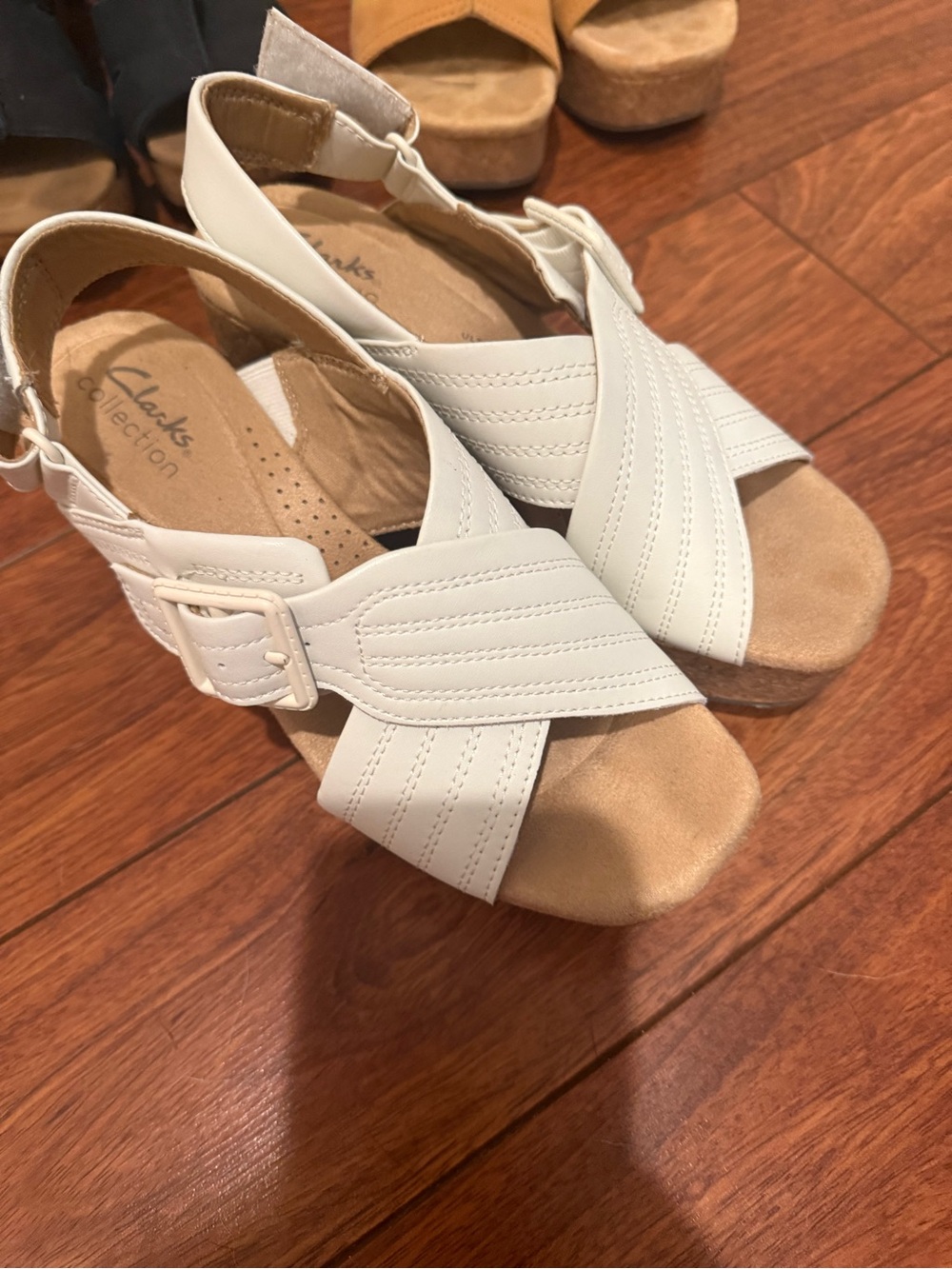 Clarks White Crisscross Wedge Sandals
